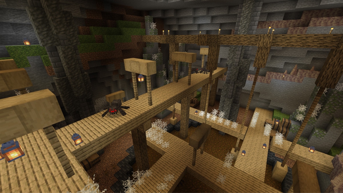 Torchlit cavern with strong shadows and depth