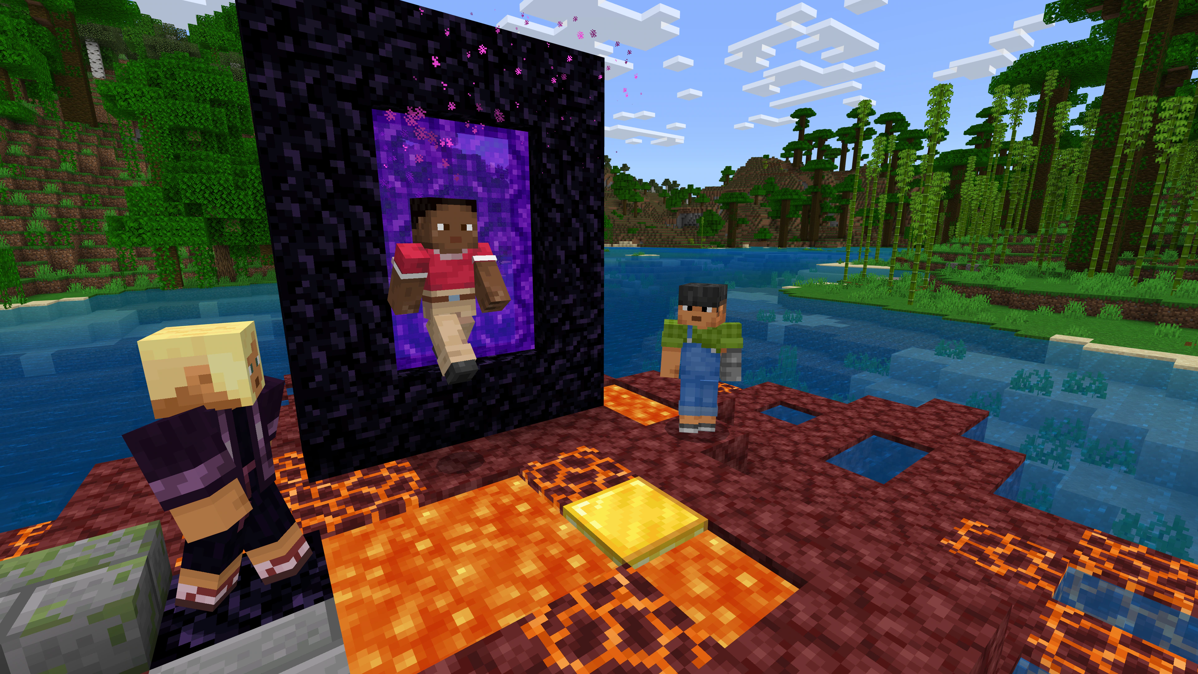 Characters standing together beside a portal in a jungle setting